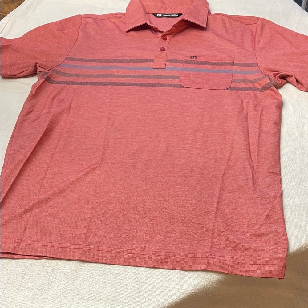 Travis Mathew Coral Heather Polo with Horizontal Stripe Chest